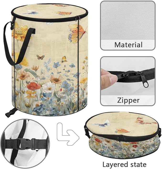 Floral Butterfly Collapsible Trash Can 24 Gallon Pop-Up Outdoor Garbage Can with Handles Waterproof Lightweight Storage Bag with Lids for Laundry Toy Room Garden Patio Camping