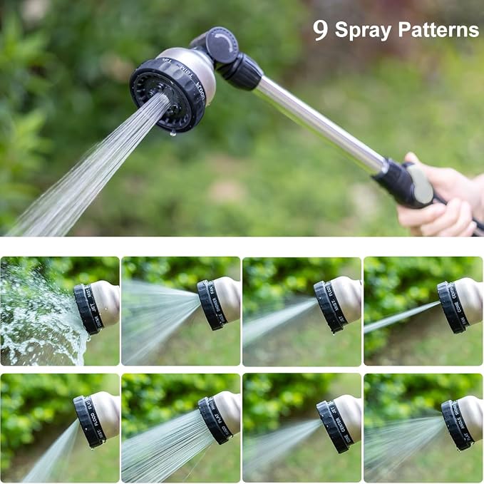 FANHAO 16-Inch Metal Watering Wand, Heavy Duty Garden Hose Wand with 9 Spray Patterns, 180° Rotating Long Hose Nozzle Sprayer Thumb Flow Control, Ideal to Water Hanging Baskets and Shrubs