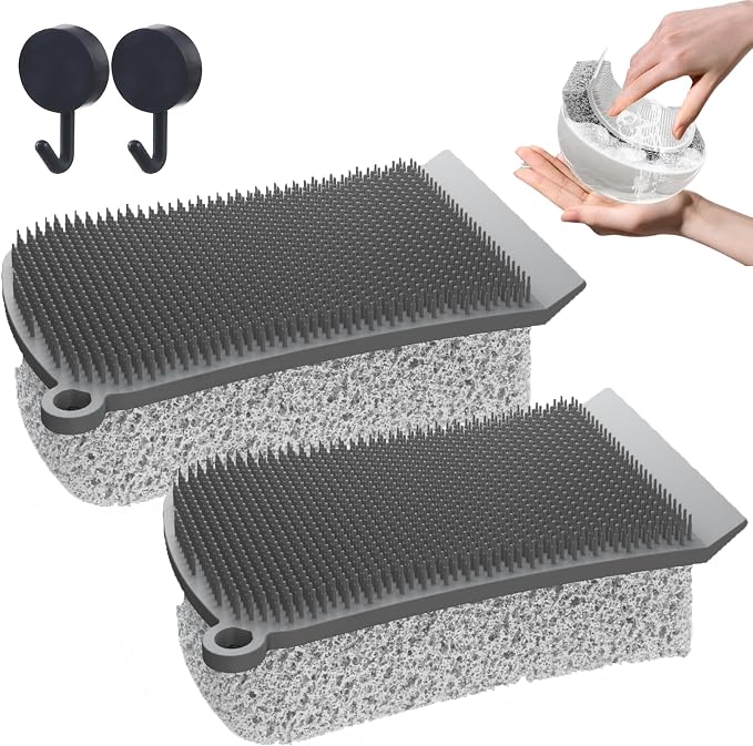 Silicone Dish Scrubber, 3 in 1 Dual Sided Kitchen Silicone Sponge Scrub Brush, Reusable, Fast Dry Dishwasher Safe for Dishes, Pots, Household (Grey,2Pcs)
