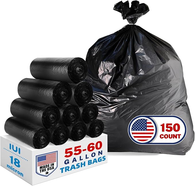 Heavy Duty Trash Bags 55-60 Gallon, Black - 150 Count Bulk Pack | 40" x 54" | Durable & Tear-Resistant Garbage Bags for Home, Commercial, Construction & Outdoor Use | Made in USA