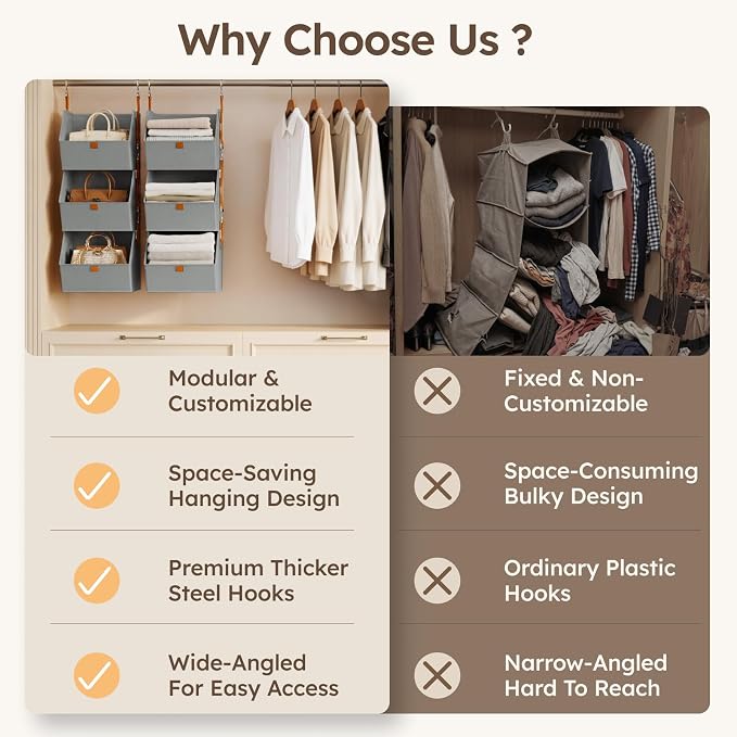 Hanging Closet Organizer 4 Tier - Clothes Hanging Shelves, Space-Saving Closet System, Fabric Storage Bins Bedroom Organization, Collapsible Baskets for Home, Dorm, Rv, Grey