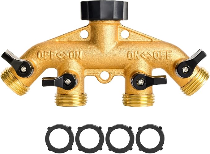 Brass 4 Way Faucet Splitter, 4 Port Manifold, 4-Way Garden Hose Splitter, 3/4" Heavy-Duty Spigot Adapter with Individual Shutoff Valves, Solid Brass Manifold, Leak-Resistant