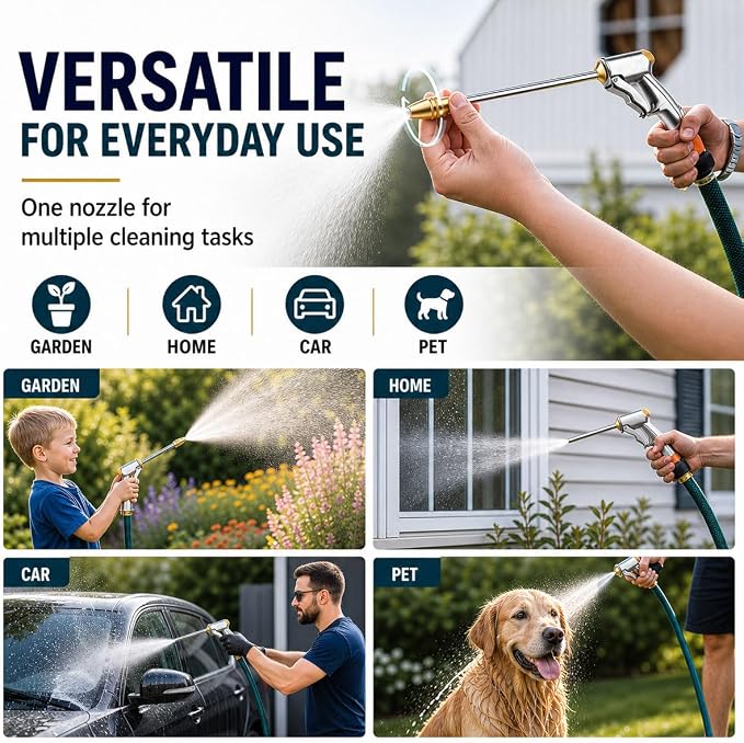 Garden Hose Nozzle, Heavy Duty High Pressure Water Spray Nozzle with 8 Spray Patterns, Leakproof Metal Hose End Sprayer for Car Wash, Watering Plants, Cleaning Patio, and Pet Shower