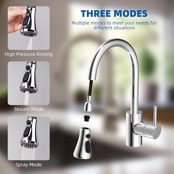 Hibbent Pull Down Kitchen Faucet Head Replacement, NSF/ANSI/CAN 61 & CUPC Certified 3-Function Sink Spray Nozzle with 15 Adapters Compatible with Moen, Delta, Kohler Faucets, Chrome
