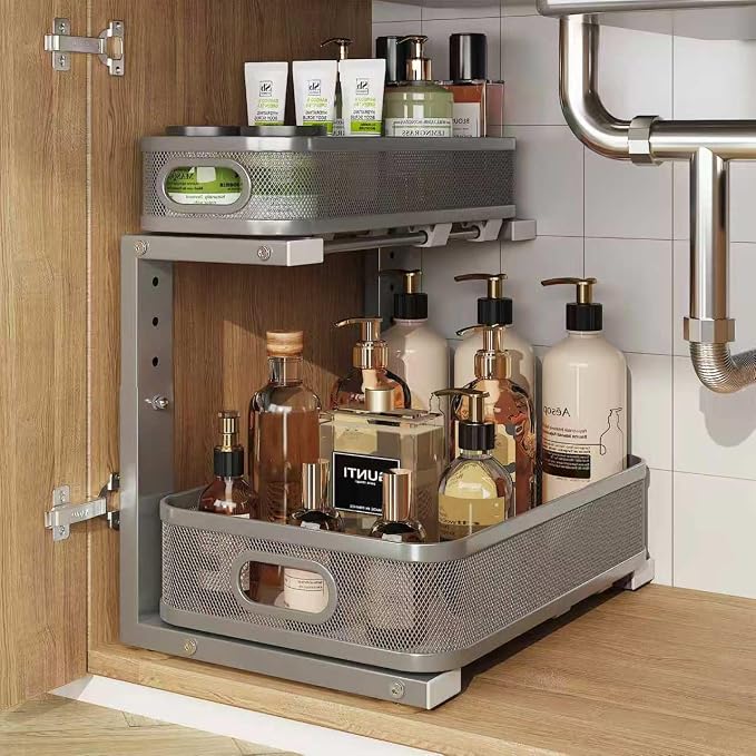 1 Pack 15.7IN-Depth Under Sink Organizer With Smooth Cylindrical Rail,2-Tier Pull Out Multi-Purpose Cabinet Storage for Bathroom&Kitchen,Height Adjustable,Rust-resistant Coating-Gun Gray