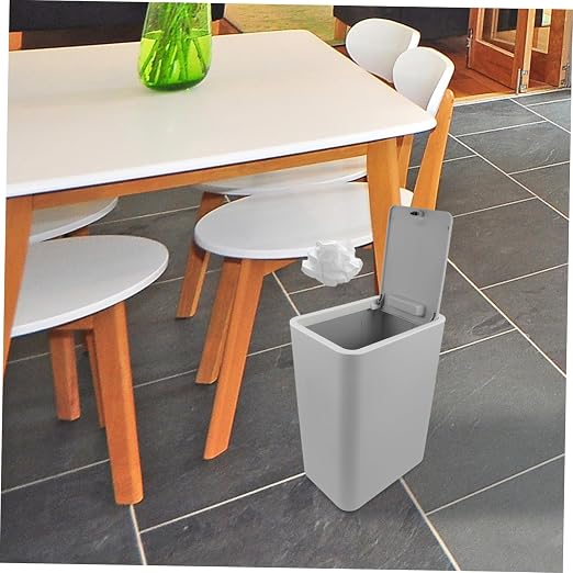 Slim Trash Can with Pop-up Lid Stylish Rectangular Waste Bin for Kitchen Bathroom and Office Easy Clean Grey Design for Indoor Waste Management