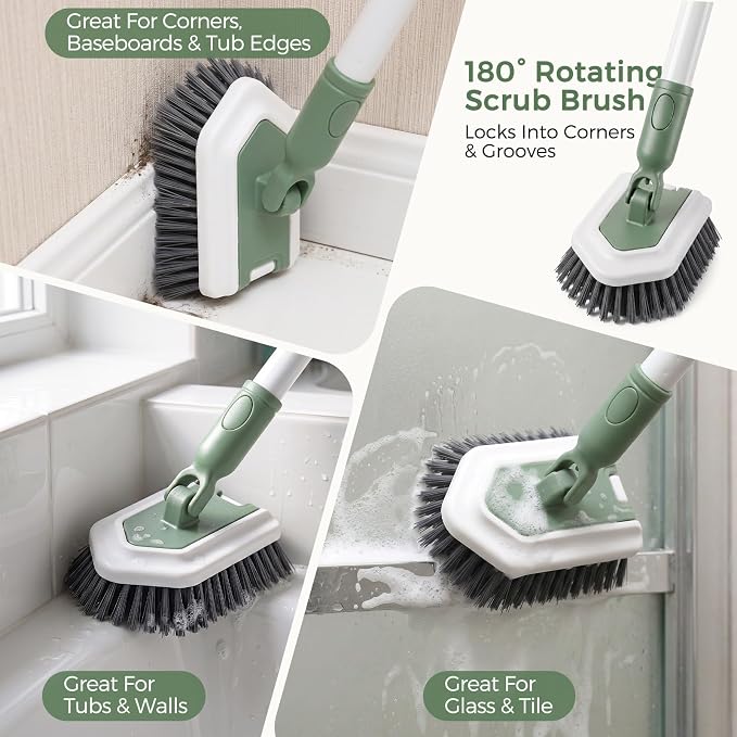 DEANIC 4-in-1 Mop Broom Brush with Holder Wall Mount Set | Floor Cleaning Tool Set with Extendable Handle (43 in to 49 in) ,Triangle Scrub Brush for Home Kitchen Bathroom Hardwood