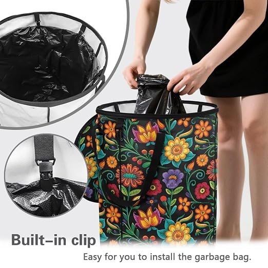 BIGCARJOB Floral Blossoms Collapsible Trash Can Portable Tall Trash Can Oval Recycling Bin 22.83x17.71 Outside Garbage Bin Storage Bag with Clip and Zipper Lid