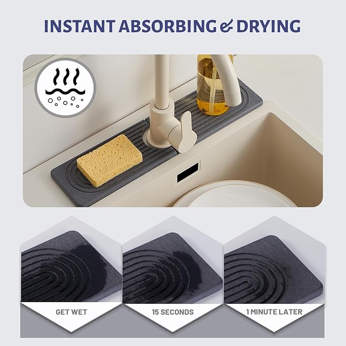 20in Fast Drying Stone Faucet Mat for Kitchen Sink splash guard Diatomite | Sink Splash Guard Water Absorbing Stone Tray for Sink, Counter Protector Matt for Kitchen & Bathroom