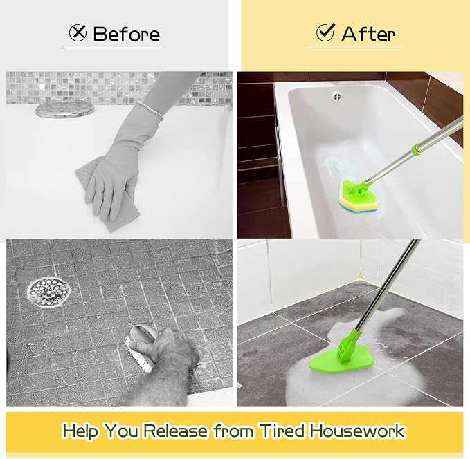 Scrub Cleaning Brush with Long Handle 2 in 1 Extendable Bathroom Floor Brushes with 2 Stiff Bristles and 4 Sponge with Long Handle Detachable Tile Lightweight Cleaner for Bathtub Shower