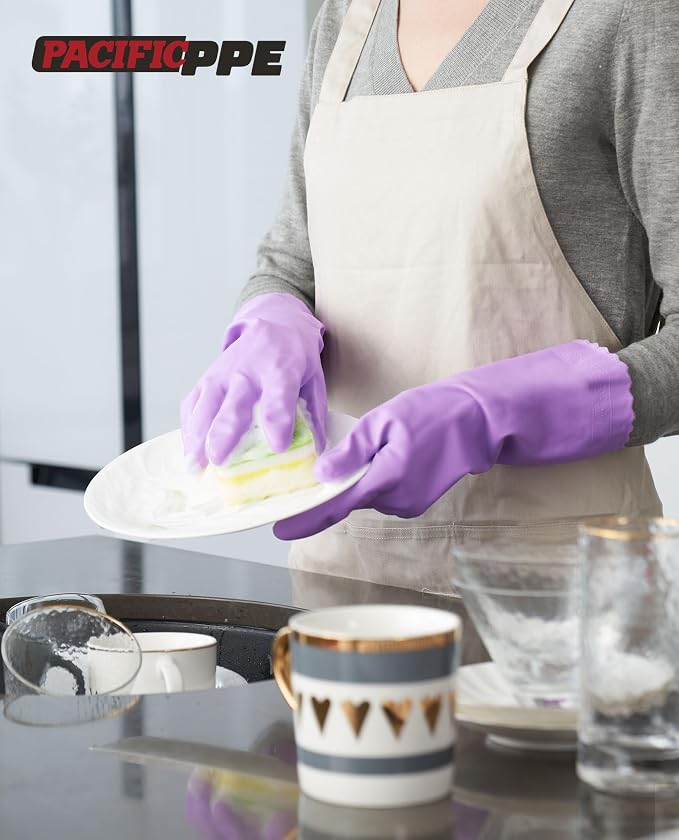 4 Pairs Dishwashing Gloves, Cotton Flocked Liner, Purple, Large | Waterproof dishwashing gloves with non-slip grip, soft cotton lining, flexible fit for kitchen, bathroom, laundry & cleaning
