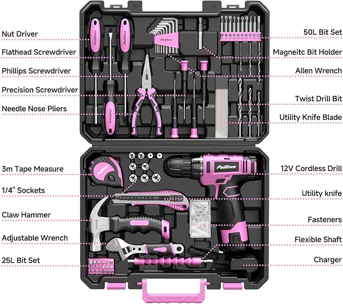 PULITUO Drill Set, 149-Piece Home Tool Set with 12V Pink Cordless Drill, Tool Box, Hand Tool Kits for Women & Men and DIY Enthusiasts, for Home Improvement