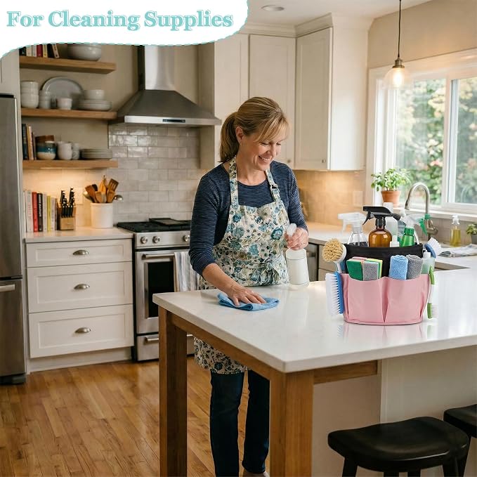 WOOHA Portable Cleaning Organizer, 17L Cleaning Bucket, Collapsible Shower Caddy with 6 Pockets for Cleaning Supplies, Bathroom, Kitchen, RV, Dorm, Garden, Black with Pink