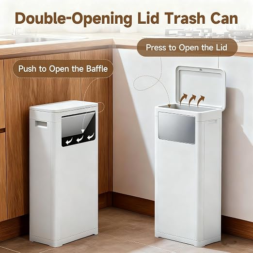 Tall Bathroom Trash Can with Lid, Skinny Commercial Trash Bin with Handle, Space Saving 8 Gallon Plastic Garbage Can with Press Top Lid, White Trashcans for Kitchens, Office, Living Room, Dorm