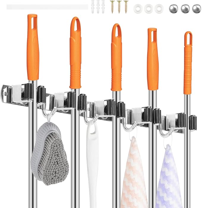 2 Pack Broom Holder Wall Mount 5 Racks 4 Hooks Stainless Steel Broom Mop Holder Anti Slip Storage Rack Strong Load Bearing Waterproof Broom and Mop Organizer Wall Hanging for Bathroom Kitchen Garage