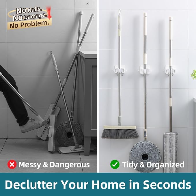 TAILI Mop and Broom Holder Wall Mount Grippers, 3 Hangers and 8 Adhesive Strips, Damage Free Hanging Wall Mount, Household Cleaning Organizer for Organization and Storage, Holds up to 4 lbs, White