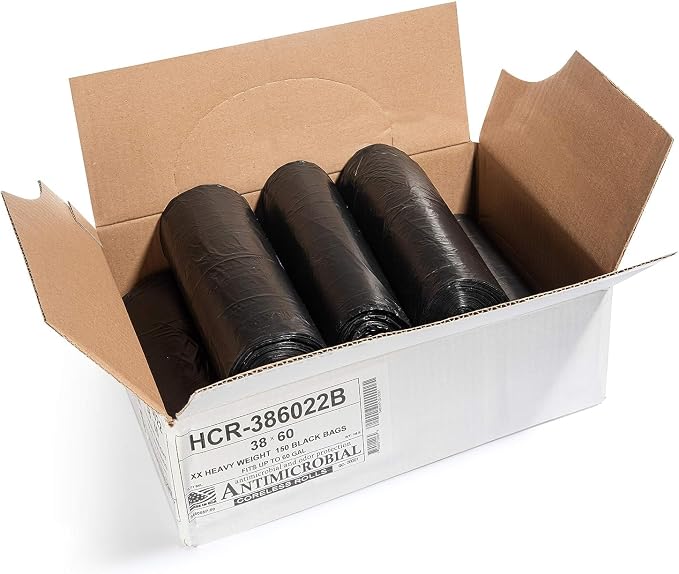 Aluf Plastics 60 Gal Black Trash Bags, 22 Micron (EQ.), 38" x 60" (150 Pk) | 22 Micron (eq), 38" x 60", Bathroom, Office, Industrial, Commercial, Janitorial, Municipal, Recycling