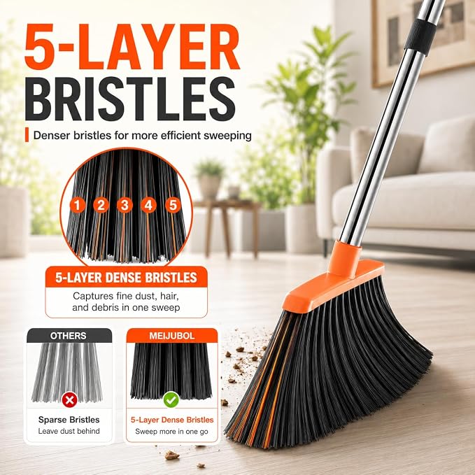 Broom and Dustpan Set, Upgraded Broom with Dustpan Combo Set with 56" Tall Adjustable Handle, Self-Cleaning Teeth, Upright Standing Dust Pan for Heavy Duty Indoor Outdoor Cleaning and Pet Hair