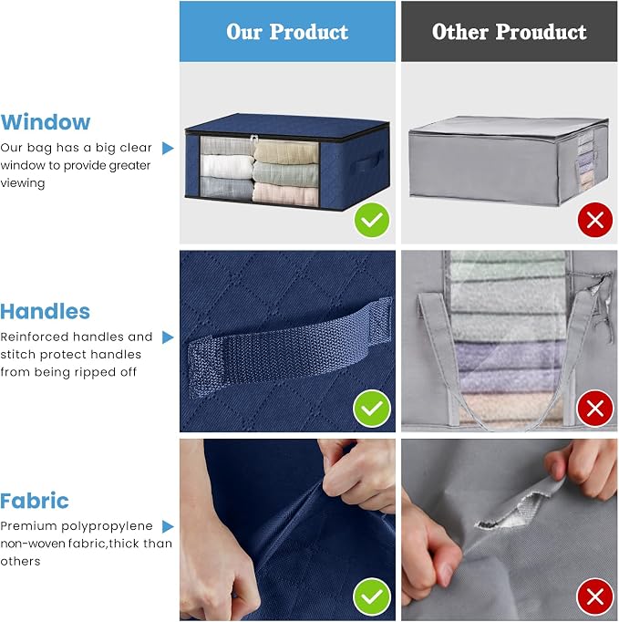 HomeHacks 3-Pack Clothes Organizer Storage Bags, 35L Storage Bins, Blue | Foldable Storage Box Container with Zippers, Clear Window, Reinforced Handles for Closet, Dorm, Pillows, Bedding, Sweater