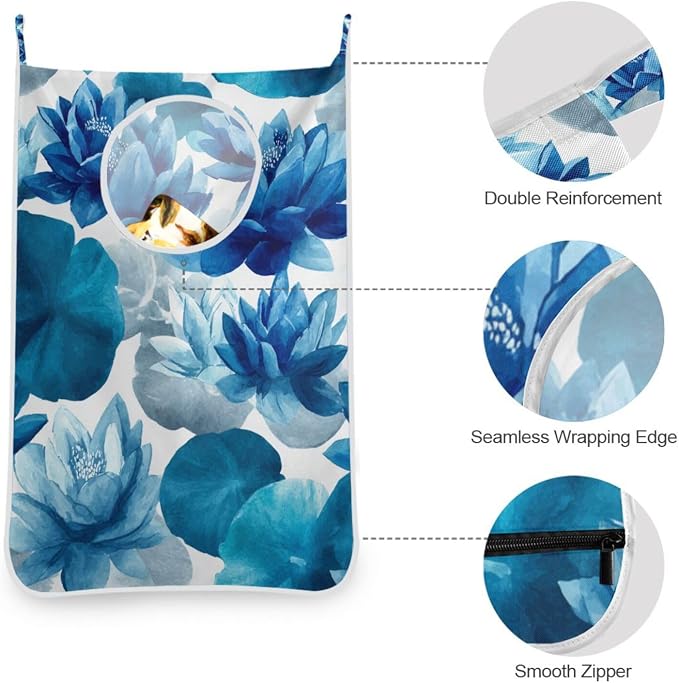Ink Blue Lotus Flower Hanging Laundry Hamper Door Hampers Bag Basket with Stainless Steel Hooks Oxford Fabric Printing Decorative Clothes Bags 29.5X20inch 1Pack
