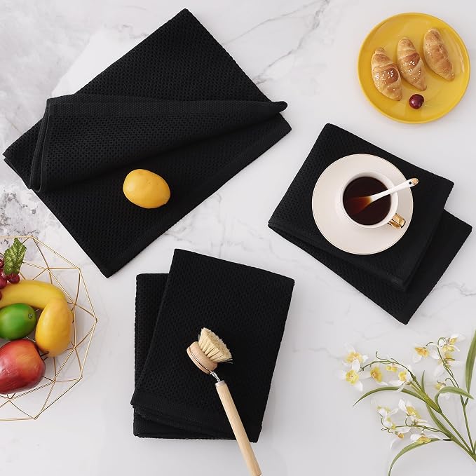 Homaxy 100% Cotton Oversized Waffle Weave Kitchen Towels 12-Pack, Black | 20 x 28 Inches, Ultra Soft Absorbent Dish Towels, Quick Drying Large Cleaning Towels