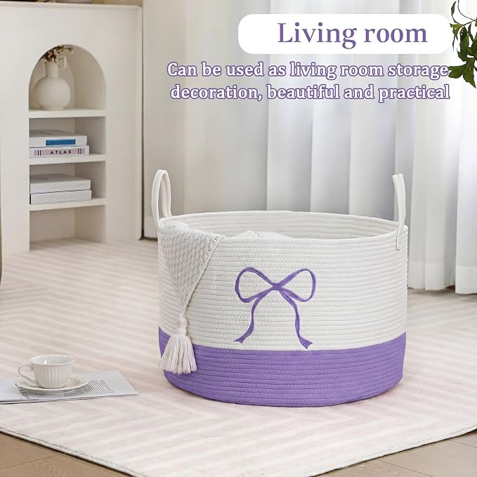 Honeydak Large Laundry Basket Purple Bow Hamper 13 x 20 Inches Laundry Basket Cotton Rope Purple Hamper Coquette Bow Room Decor Storage Blanket Toys Clothes Organization for Teens Girls