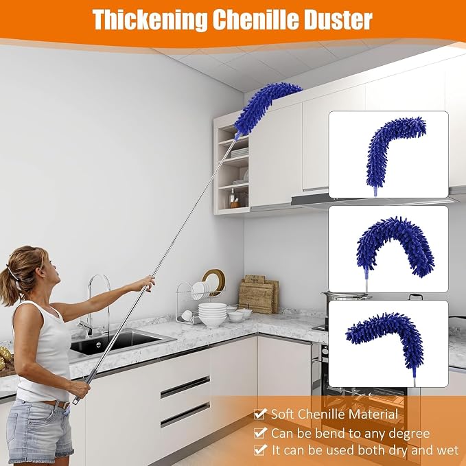 4 Pcs Microfiber Cobweb Duster with 100-inch Extendable Pole, Washable and Reusable Feather Cleaning Duster Kit with 3 Duster Heads,Dusters for Cleaning with Telescopic Pole for High Ceiling Fan,Blue