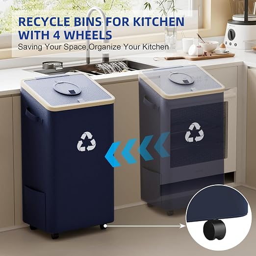 26-Gallon Kitchen Recycling Bin with Lid, Locking Wheels, Dark Blue | 100L capacity, two reusable inner bags, sorting stickers for bottles, cans, glass and plastic