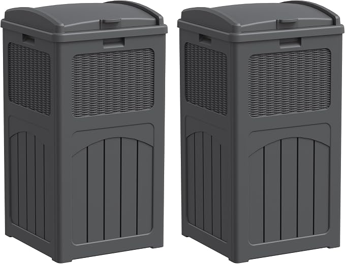 Greesum 33 Gallon Outdoor Trash Can with Lid (2-Pack), Yard, Gray | Heavy Duty Resin Garbage Bin, Waterproof & UV Resistant for Patio, Garden, Deck