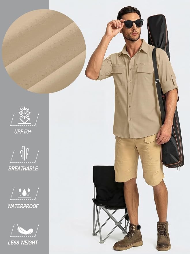 linlon Men's Safari Shirt UV Sun Protection Long Sleeve Hiking Travel | Button Down Mesh Back Vents UPF 50+ Quick Dry Breathable Cool Lightweight Outdoor Travel Fishing Gardening Clothes