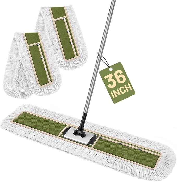 36" Commercial Dust Mop for Janitor: Dust Broom for Hardwood Floor Cleaning | 2 Large Heavy Duty Pads, Industrial-Grade Durability, 360° Swivel, Wet/Dry Use, for Gym, Warehouse, Garage, Shop, Concrete