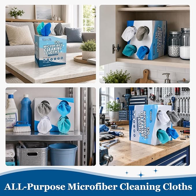 Microfiber Cleaning Cloth, 120 Pack Microfiber Towels for Cars | Reusable Paper Towels Lint Free Shop Rags with for Home Kitchen Automotive, 11"x 9", White & Grey & Light Blue & Blue
