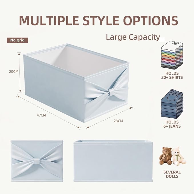 2 Pack Satin Fabric Closet Storage Boxs, 18.5×11×7.9 IN Foldable Organizer Bins with Bowknot, Soft & Sturdy Pink/Blue Storage Baskets for Home Organization, Clothing, Toys, Caps (2 Pack Blue)