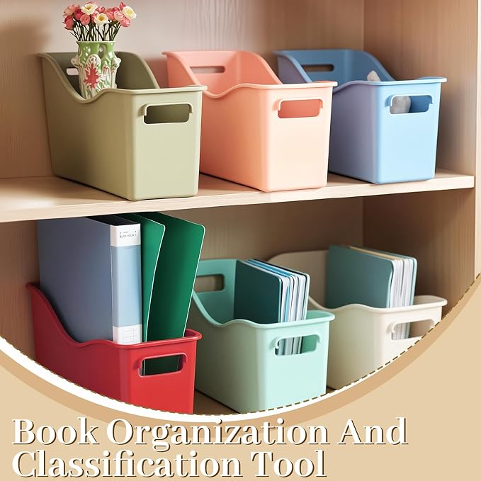 6 Pack Plastic Book Binder Holders, 6 Colors Classroom Storage Bins with Handles, Stackable Organizing Bins for Library Home Office, 13.6X5X7.1 Inch