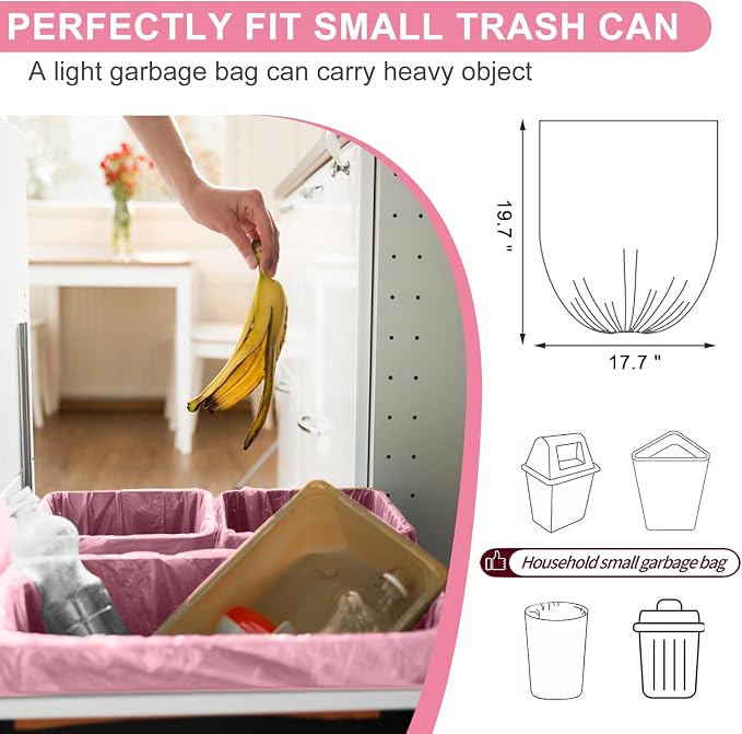 Strengthened 2.6 Gallon Small Trash Bags, 5 Rolls 100 Count, Pink | Strong Disposable Trash Bin Liners Fit 10 Liter Waste Cans. Garbage Bags for Kitchen Office Home Bedroom Garden Waste Bin