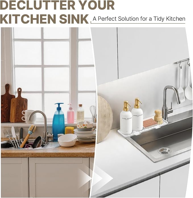 Kitchen Soap Dispenser with Self Draining Silicone Tray, Brush Sponge, Gold | Kitchen Sink Organizer, 2 x 17oz Glass Soap Dispensers, Stainless Steel Pumps, Hand and Dish Soap Dispenser Set
