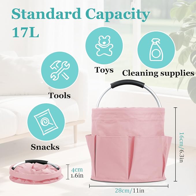 WOOHA 17L Cleaning Caddy with Handle, Foldable Cleaning Supply Organizer with 6 Pockets, Portable Shower Caddy, Storage Basket for Housekeeping, Car Detailing, Garden, Pink