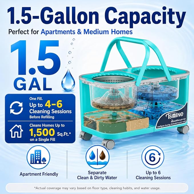 RinseWise Easy-Use Gen 2 Mop Bucket, Clean/Dirty Water Separation, 1 Heads | 1.5 Gal Clean-Water Capacity, Shower-Style Rinse, 4 Swivel Wheels, 61-Inch Handle, For Apartments, Hardwood & Tile Floors