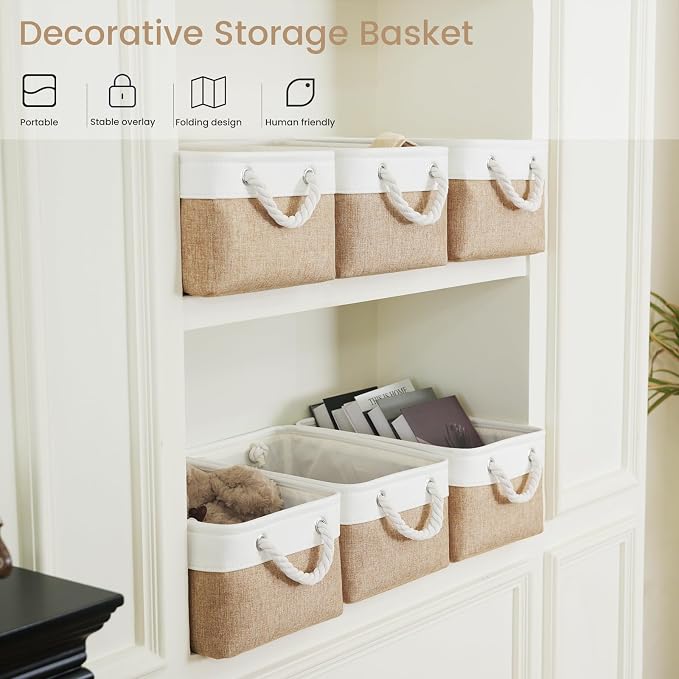 13.8x9.8x6.7 Inch Fabric Small Storage Bins with Handles 6 Pack | Foldable Storage Basket, Sturdy Metal Strand, Cardboard Support Molding, Small Baskets for Organizing, Shelves, White/Khaki