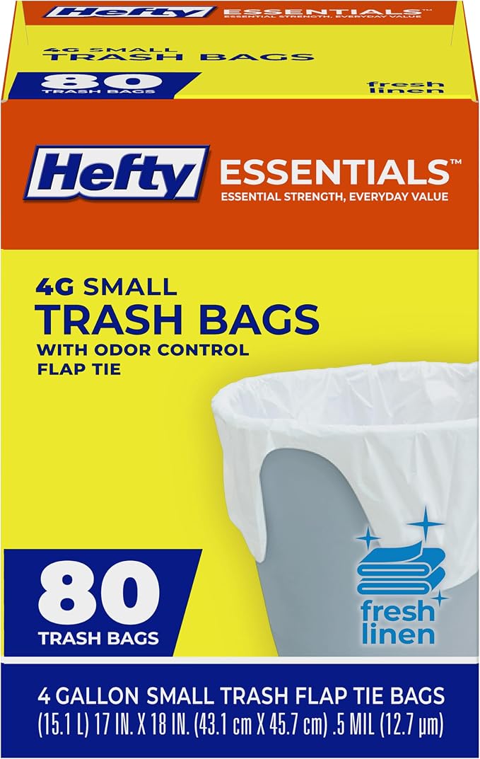 Hefty Essentials 4 Gallon Trash Bags, White, Fresh Linen Scent, 80ct | Bulk Pack, 4G Small Trash Bags for Bathrooms, Bedrooms, Dorm Rooms, Home Offices, Flap Tie Closure, Fits Small Wastebaskets