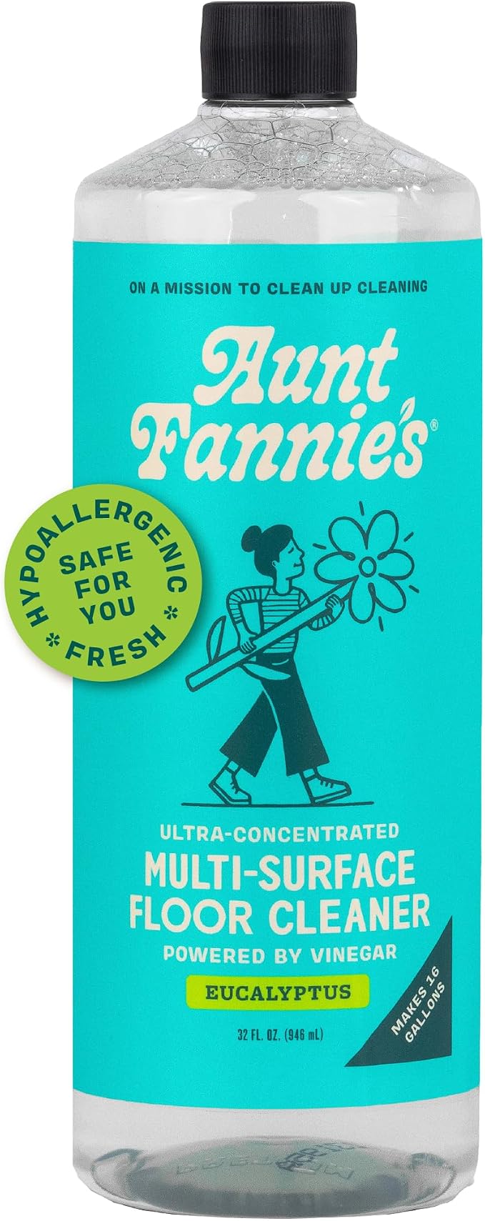 Aunt Fannie's Ultra Concentrated Vinegar Floor Cleaner, Eucalyptus, 1 Pack | Makes Up to 16 Gallons per bottle, No Rinsing, Safe for Sealed Tile Vinyl Hardwood Laminate & Linoleum, Kid and Pet Safe