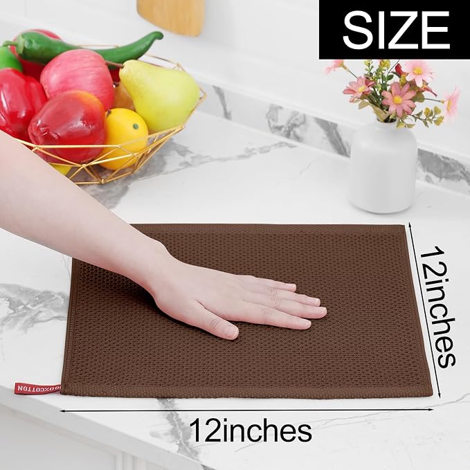 Homaxy 100% Cotton Waffle Weave Kitchen Dish Cloths 12-Pack, Coffee | 12 x 12 Inches, Ultra Soft Absorbent Dish Towels, Quick Drying Dish Rags with Hanging Loop
