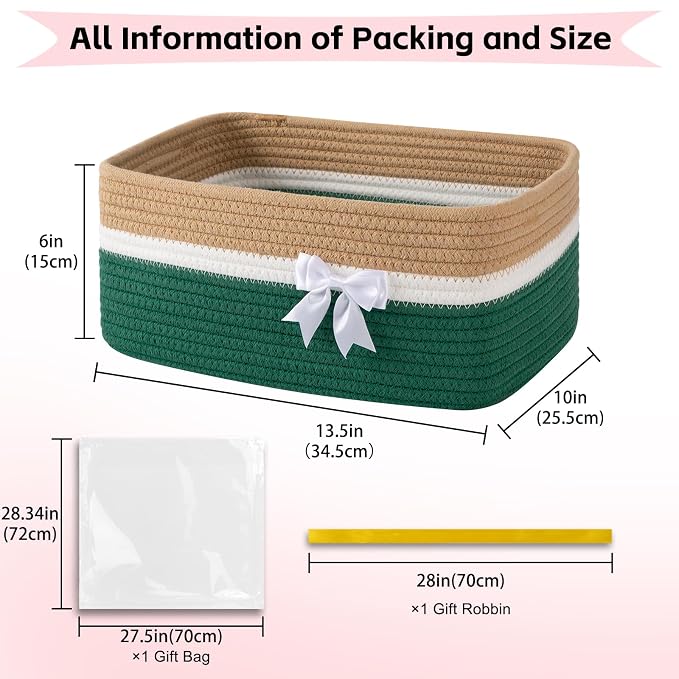 OIAHOMY Large Woven Storage Basket with Handles for Nursery Living Room Shelves, Bow Basket for Gifts Empty with Gift Bags and Ribbons for Baby Showers Pet Toy Bin -Yellow & Dark Green