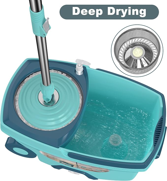 Traditional Large Spin Mop and Bucket, 2 Gal Capacity, Green | 2 Rolling Wheels, Pull Handle, 61-Inch Handle, 6 Mop Heads, Easy Wringing, For Family Homes, Hardwood, Laminate & Tile Floors