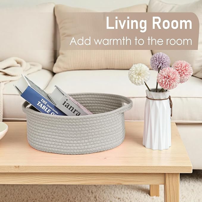 JMvicyroam Small Woven Basket, Empty Gift Basket, Grey/2 Pack | Small Gift Basket, Cotton Rope, 12 x 8 x 37 in, Handles, Includes Ribbon and Bag, Birthday Gift Basket