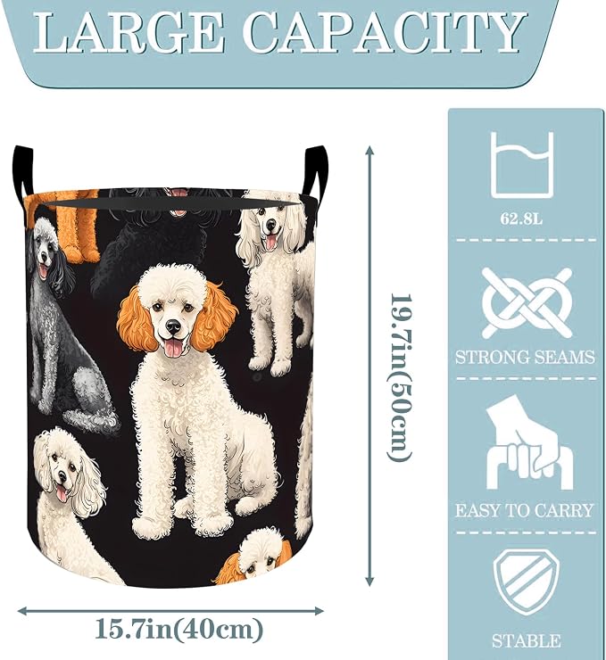 Cute Poodle Dog Laundry Basket, Dirty Collapsible Clothes Toy Organizer Hamper for Kids Adults, Oxford Cloth Waterproof Storage Bin for Room Bedroom Bathroom Home Decor Gifts, 19.7"X15.7"