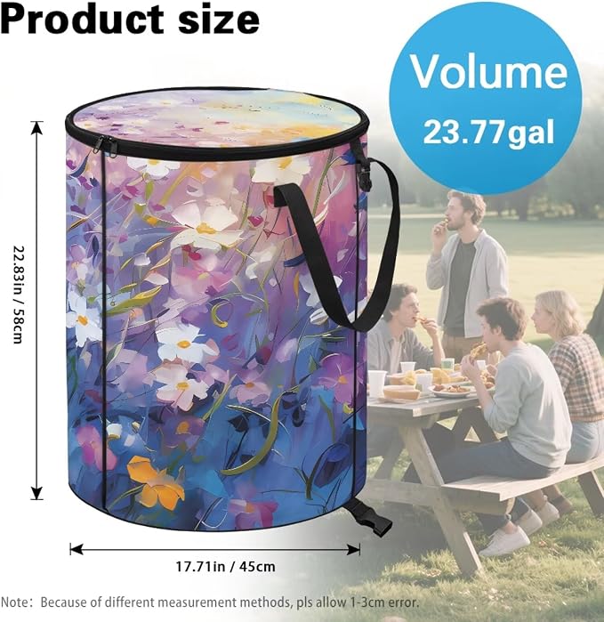 Watercolor Daisy Collapsible Trash Can 24 Gallon Waterproof Pop-Up Bin with Zipper Lid Reusable Heavy-Duty Outdoor Garbage Can for Patio Backyard Folds Flat Camping Essentials