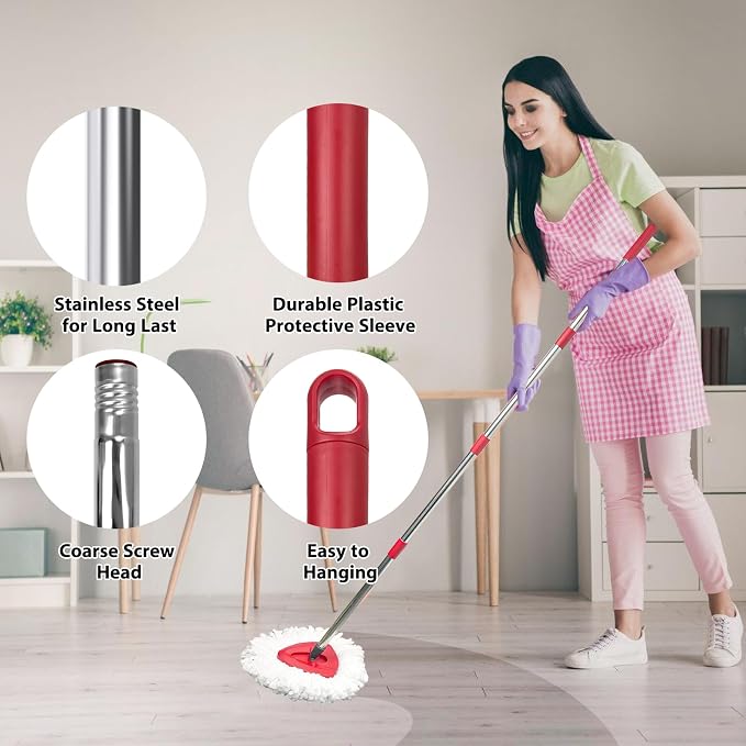 Spin Mop Replacement Set for EasyWring 1-Tank - 2 Heads + Handle + Base | Microfiber, Washable, Long-lasting, Rust-Resist Adjustable Handle (30"-58"), Smooth Triangle Base, Floor Cleaning(No Bucket)