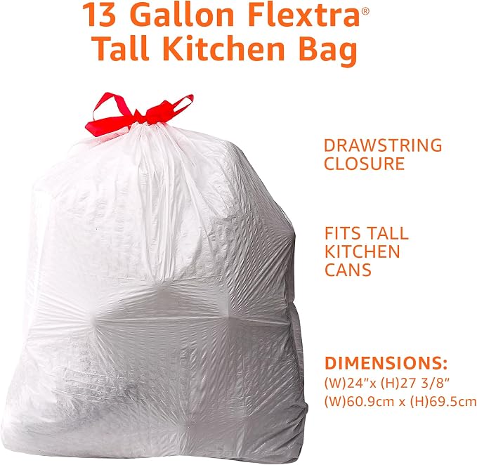 Amazon Basics 13 Gallon Tall Kitchen Drawstring Trash Bags, Flextra Strength, Tear Resistant, 10% Post Consumer Recycled, 120 Count