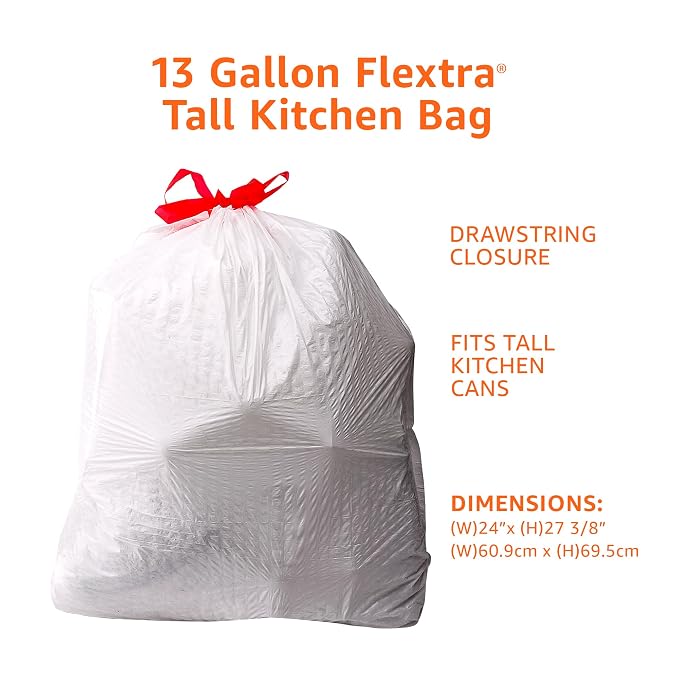 Amazon Basics Flextra Strength Tall Kitchen Drawstring Trash Bags, Fresh Scent, Tear Resistant, 13 Gallon, 50 Count